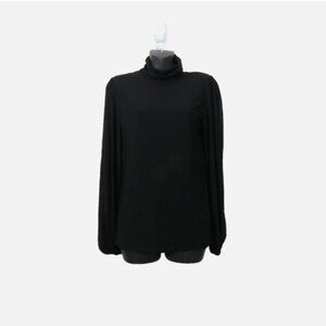 Ganni size 36 Polka Dot Top Blouse Long Sleeve Black Funnel Neck Strong Shoulder
